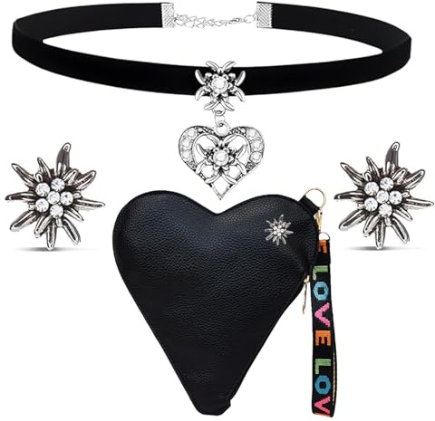 YDUNARISE Trachtenschmuck Damen Set,Trachtenkette Ohrringe mit Strass Edelweiß Herz Anhänger,Oktoberfest Accessoires