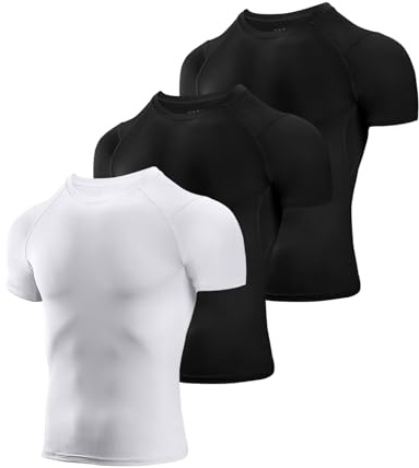 Niksa Kompressionströja herr, kortärmad löpartröja med underarm mesh, kortärmad funktionell skjorta, andas, sportskjorta för löpning, träning, fitness, 3-pack: Svart, vit, XL