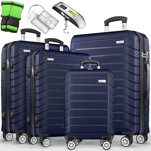 tillvex® Set 4 valigie rigide S-M-L-XL + bilancia, 4 cinghie e 4 etichette bagagli | Valigia da viaggio leggera con 4 ruote piroettanti | Guscio rigido in ABS con lucchetto TSA (Blu navy)