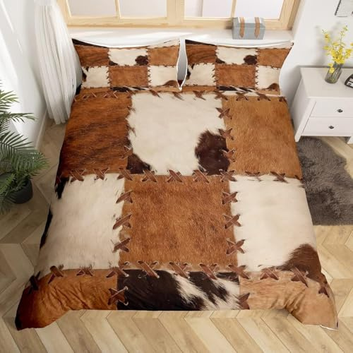 Cuir de Vache Housse de Couette 240 x 260,Enfants Impression Vache Ensemble de Literie,Peau d'animal de Ferme Parure de Lit,Ados Fourrure de La Faune Occidentale Housse Couette,Marron Literie