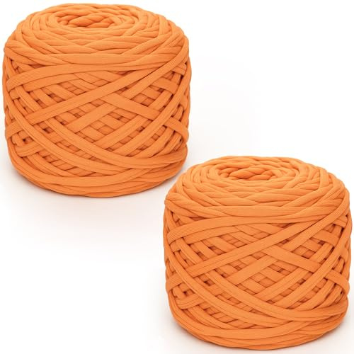 285gx2 Chunky Tshirt Yarn for Crocheting,2 CM Wide Thick Crochet Elastic Fabric,Hand Knitting T-Shirt Yarn for Crochet Cushion,Doll,Basket,Bag and Blanket(Orange Yellow)