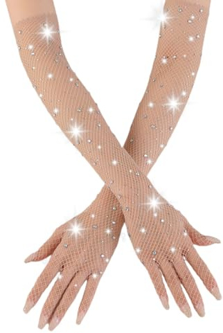 Fjquamitix Fishnet Gloves Sparkly Rhinestone Long Mesh Gloves 80s Fashion Arm Sleeves Evening Party Cosplay Costume Halloween Accessories for Women & Girls (WHITE, One Size)