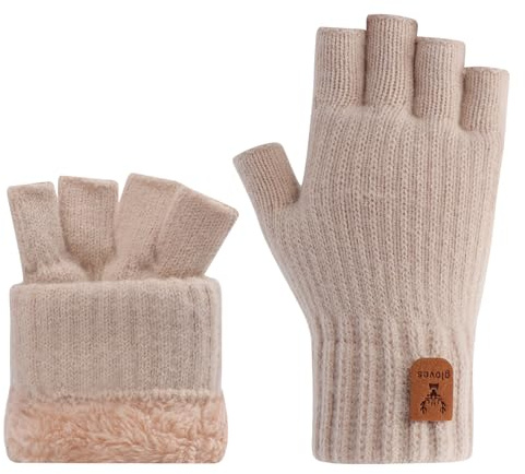 Risipu Fingerless Gloves for Women Men Winter Thermal Half Finger Glove with Fleece Lining Soft Warm Knit Gloves for Ladies Outdoor Working (Beige)