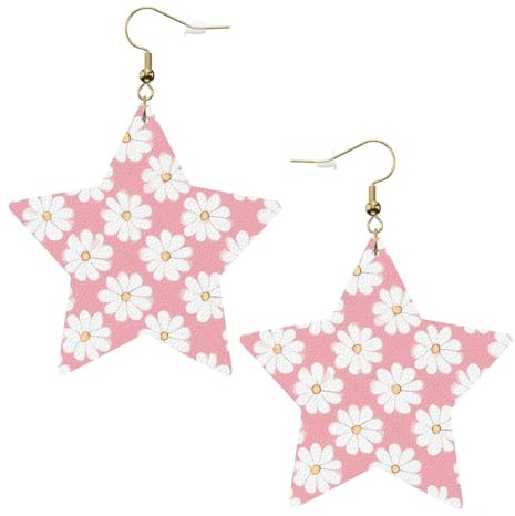 White Chrysanthemum Texture Chart Leather Star Shaped Earrings for Women Jewelry Fashion and Valentine Birthday Party Gift