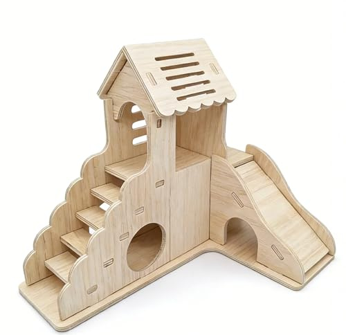 Hamster Haus Holz mit Treppe und Rutsche, 2 Etagen Holz Hamsterhaus Spielplatz aus für Zwerghamster Rennmäuse Goldhamster