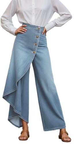 Eauptffy Pantalones vaqueros para mujer, pantalones de verano 7/8, elegantes pantalones de verano Palazzo, ligeros, asimétricos, dobladillo asimétrico, pantalones vaqueros Culotte, pierna ancha