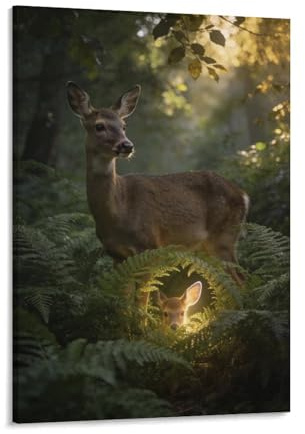 BOAMDLEOLLO Magical Woodland Deer Family Wall Decor Glowing Fawn Hiding in Ferns Canvas Print Dreamy Forest Animal Painting for Baby Girl Boy Nursery Master Bedroom Wrapped Artwork 12x16