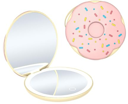 QUMOX Specchio Trucco Compatto LED, Specchietto Tascabile a Forma di Ciambella con Luce, Specchio 1X e 2X Ingrandente, 3 Modalità di Luce, Luminosità Regolabile, Ricaricabile Type-C da Borsa, Rosa