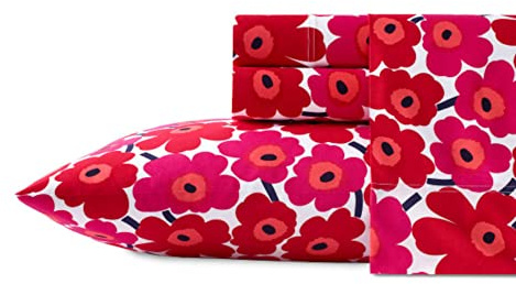 Marimekko Bettlaken Bettwäsche-Set aus Baumwollperkal, knackig und kühl, leicht und atmungsaktiv, Baumwolle Perkal, Unikko dunkelrot/weiß, King