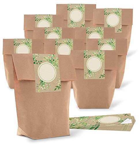 Logbuch-Verlag 25 Papierbeutel natur + 25 Aufkleber Verpackung Geschenkbeutel grün beige Papiertüte m. Boden Geschenktüte Hochzeit Herbst Frühling vintage