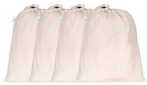 Hell Blues 4-Pack Linen Storage Bags with Drawstrings 33cm x 38cm - Canvas Fabric Bread Bag - Bulk Food -Reusable Muslin Natural Potato Onion Storage Pouch