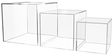 3 Piece Display Boxes Clear Acrylic Four Five Six Inch Pedestal Bins Open Bottoms No Lid Hollow Retail Product Riser One Open Side Merchandise Storage Box by Marketing Holders