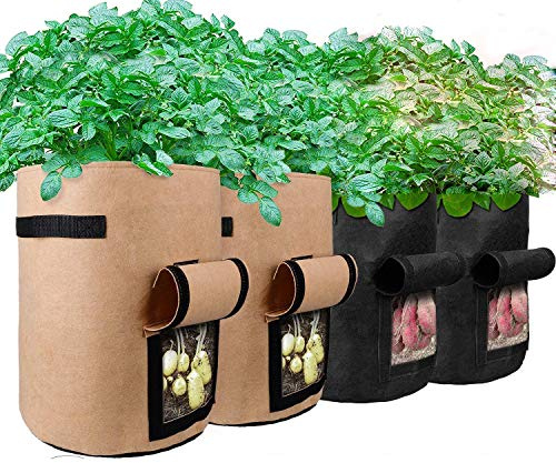 Cefrank 4er Kartoffel Pflanzsack Pflanzbeutel 10 Gallonen mit Griffen und Sichtfenster Klettverschluss - 30 x 40cm (2xSchwarz 2xBraun)