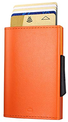 ÖGON -DESIGNS- Tarjetero Fino automático de Aluminio y Cuero, con protección RFID contra fraudes y desmagnetización, Cartera compacta, Modelo Cascade Slim (Orange)