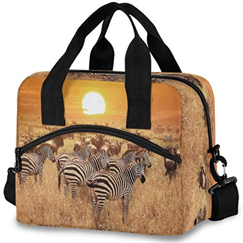 Oarencol Vintage Zebra Kuh Sunset Isolierte Lunch-Tasche Afrika Tier Gräser Kunst Wiederverwendbare Kühlbox Lunchbox mit Schultergurt für Arbeit Picknick Schule Strand