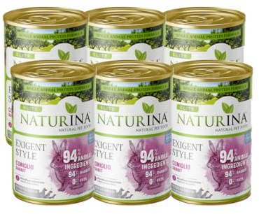 NATURINA - Elite Umido Exigent Style per Cani Adulti Coniglio con Patate e Rosmarino, Senza Grano, per Equilibrio Flora Intestinale, per Tutte le Taglie, Made in Italy, 6 Lattine da 400g