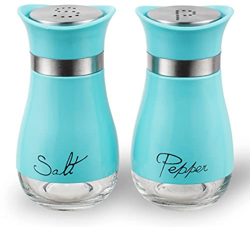 Lonffery Salero y pimentero, acero inoxidable y botella de vidrio, juego de 2, turquesa