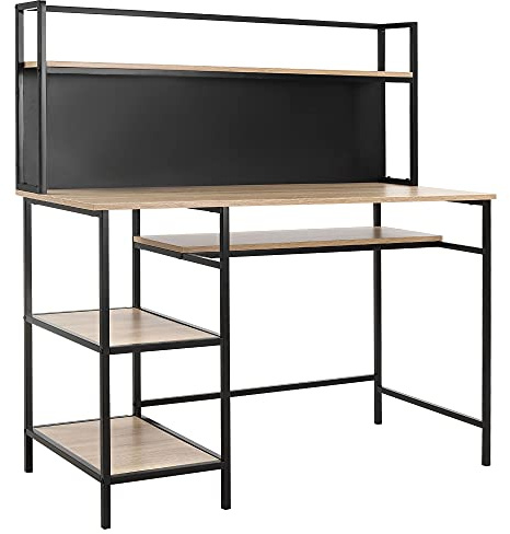 HOMCOM Bureau Informatique Design Industriel Noir Métal Aspect Chêne Clair