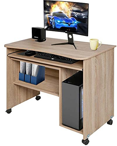 BAKAJI Scrivania con Portatastiera Estraibile Ripiano Inferiore e Vano Pora Computer Tavolo da Lavoro Porta Pc in Legno MDF con 4 Ruote Arredamento Casa Ufficio Cameretta Moderna (Quercia)