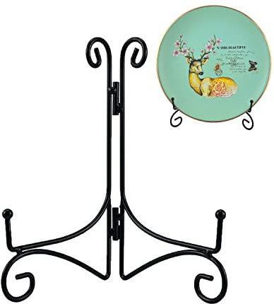 HOPEME 10 Inch Plate Stand for Display, Tabletop Metal Easel, Black Iron Stand Photo Holder for Wedding Place Card, Decorative Plates, Picture Frame, Artwork and Album Card (1 Pack)