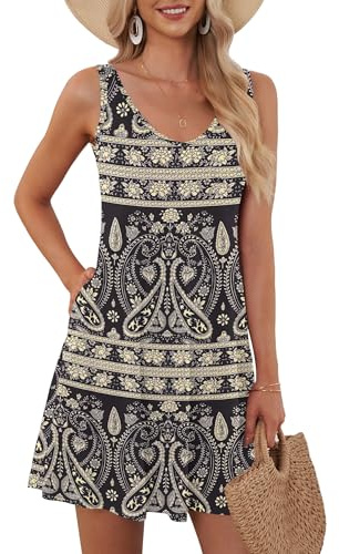 AUSELILY Vestito Donna Estivo Senza Maniche da Donna Abiti da Spiaggia Casual con Scollo a V e Tasche Boho Floral Nero XL