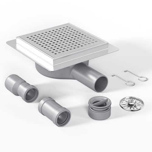 Neodrain Fyrkantigt duschavlopp, galler i rostfritt stål 304 och 360° PVC-dräneringskropp, rutat galler med borstad nickelyta, inklusive hårsil, krok och dräneringsadapter (150 mm x 150 mm)