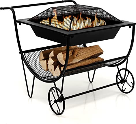 GOPLUS Brasero avec Range Bûche,Foyer Extérieur avec Porte Bûches en Métal, Charge Max 70 KG, Roues et Poignée, Idéal pour Barbecue, Chauffage