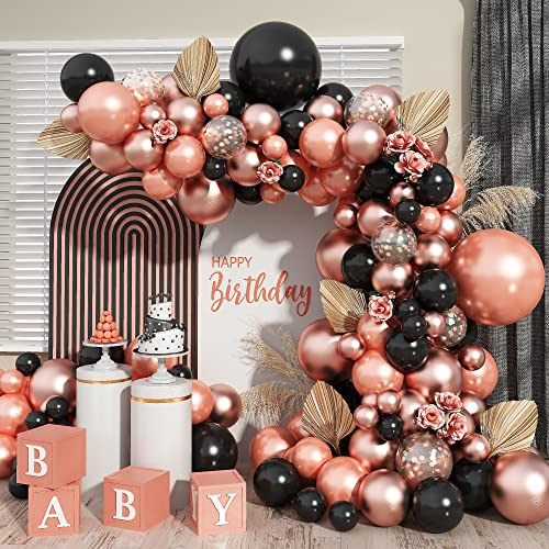 Lot de 102 guirlandes de ballons en latex à l'hélium - Or rose et noir - Pour fille, femme, anniversaire, mariage, fête