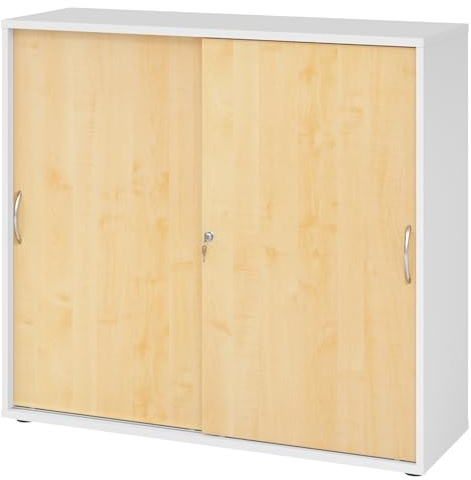 bümö Schiebetürenschrank 3OH - Aktenschrank abschließbar, Sideboard Schrank mit Schiebetüren in Weiß/Ahorn, Bogengriff - Büroschrank aus Holz mit Schiebetür, Büro Kommode für Ordner & Co.
