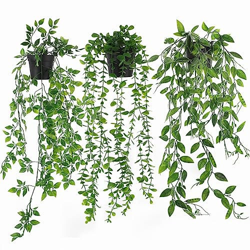 3 Pack Artificial Hanging Plants, Fake Ivy Potted Plant Outdoor Artificial Trailing Fake Ivy Vines Decor Faux Hanging Plant with Pot Greenery for Home Decor Garden Wall Indoor
