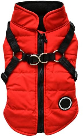 GIBZ Hundewinterweste mit Geschirr Loch Hunde Zip D Ring Kaltwettermäntel HundeJacke Haustier Warmer Winddicht Hundemantel Gepolstert Fleece Gefüttert Kleidung Rot