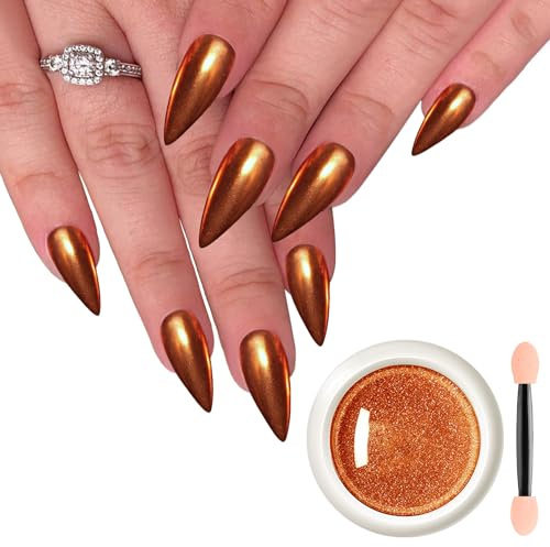 Fokostar Kupferpulver Chrom Nagel Spiegeleffekt Metallic Glitzer Pulver Orange Rot für Gelnägel Pigmentpulver Maniküre Dekorationen 0,3 g mit Werkzeug