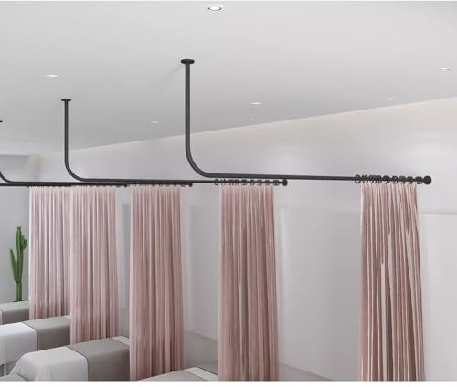 Raumteiler Vorhangstange, Metall-Gardinenstange L-förmig Vorhangstangen Für Wohnzimmer, Kleiderschrank, Büro, Schönheitssalon, Klinik, Decken- Und Wandbefestigung (Farbe : Schwarz, Größe : 200cm)