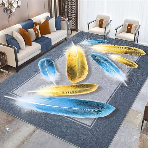 RUGMRZ Tepiche Für Schlafzimmer Fleckerlteppich Gelb und blau große Feder Druck Design super weich leicht zu pflegen Verschleißfestigkeit Design Teppich 100X200CM