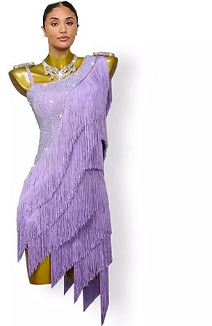 YDHTIZ Robe de danse latine à franges professionnelle pour salle de bal, compétition, tenue de danse, violet, S