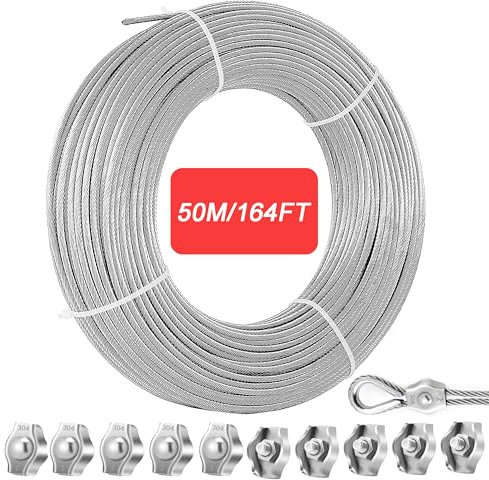 Eachans 2 mm 50m Drahtseil, Edelstahl Stahlseil Drahtseil Spanndraht Ummantelt mit 10 Drahtseilklemme, 304 Edelstahlseil Gardinenseil Wäscheleine für Kletterpflanzen, Lichter Hängen Hängeleuchte