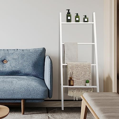 GYMAX Porta Asciugamani Multifunzionale in Legno a 4 Livelli, Mensola Inclinata a Scala per Asciugamani, Coperte, Elemento Decorativo per Bagni, Camere da Letto, Grigio/Bianco (Bianco)
