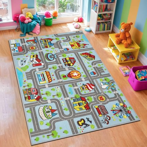 Capslpad Kid Rug for Playroom 100x160cm Pastel Blue Play Rug Traffic Road Car Play Game Mat Educational Learning Area Rug Kids Carpet for Children Bedroom Playroom Nursery Room Decor
