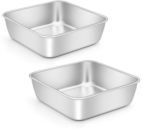 E-far 6x6 Inch Square Cake Pans Set of 2, Stainless Steel Baking Pan for Lasagna Brownies Casseroles, Silver Square Bakeware for Oven Cooking, Non-Toxic & Rust Free, Dishwasher Safe, 2 Inch deep