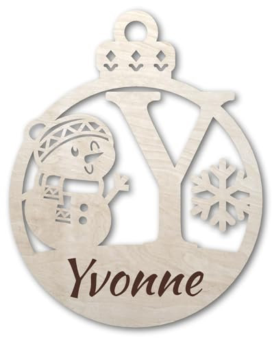 Urhome Weihnachtskugel personalisiert mit Wunschtext Gravur Buchstabe Y mit Schneeman Motiv Hell Braun - Ornament Christbaumschmuck Weihnachtsdeko Weihnachtsbaum Anhänger aus 6,5mm Holz