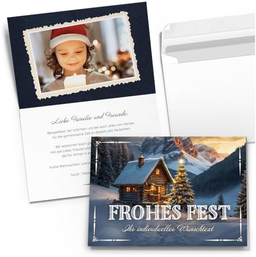 10 Personalisierte Weihnachtskarten mit Ihrem Text und Foto - Hütte im Schnee - individueller Weihnachtsgruß Grußkarte Weihnachten Klappkarten mit Umschlägen