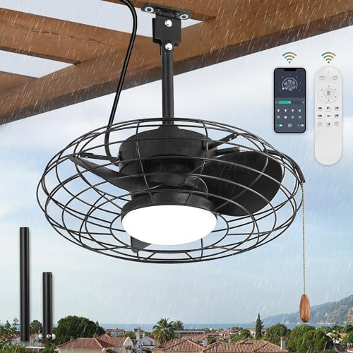 ZMISHIBO Ventilatore da Soffitto Esterno con Luce per Patio/Gazebo, Impermeabile, Telecomando e App, 3CCT Intensità Regolabile, Sulla Presa, Nero