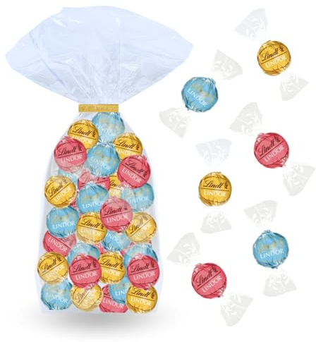 LINDT - 40 bouchées LINDOR Chocolat Blanc assorties - Sachet 500 g | Sachet de Chocolats Blanc, Blanc Stracciatella et Blanc Fraise -Prêt à Offrir ou à Partager pour un Anniversaire, une Fête