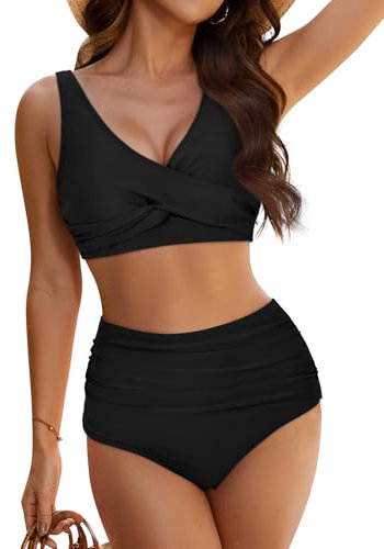 Evolyline Sexig push-up bikini damset med kupor, hög midja tvådelad topp stora bröst baddräkter magväg, triangel bikiniset sommar badmode V-ringad bikinis baddräkt 2 delar S–XL, svart, L