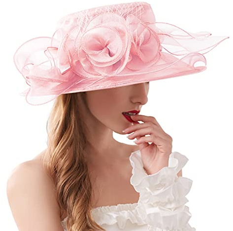 NaLatia Damen-Organzahut mit breiter Krempe und Federn für Kirche, Hochzeiten, Pferderennen Royal Ascot und Strandurlauboder als Sonnenhut 2025 Neu