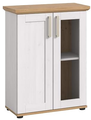 xonox.home - Vitrine Verona 64x88x37 cm in Sibiu Lärche und Artisan Eiche - Vitrine Glasvitrine Dekoschrank Glas-Kommode Stauraumschrank - pflegeleichte Oberfläche