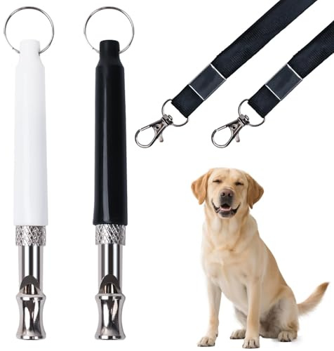 INSPUTOL Pack of 2 Adjustable Dog Training Whistles with Lanyard, High Frequency Silent Whistles for Recall and Bark Control(White+Black)