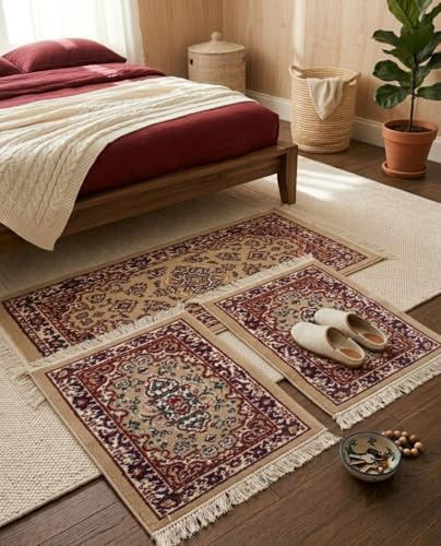 Italia Magazzini Set 3 Tappeti Forma Rettangolare Camera Letto Scendiletto Persiano Con Frange (Beige)