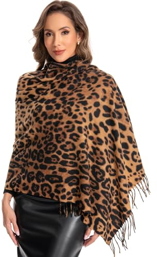 GKJU Leopard Scarf for Women Chunky Scarves Winter Warm Thick Oversized Blanket Long Faux Cashmere Fringe Pashmina Shawl Wraps (70041-4)
