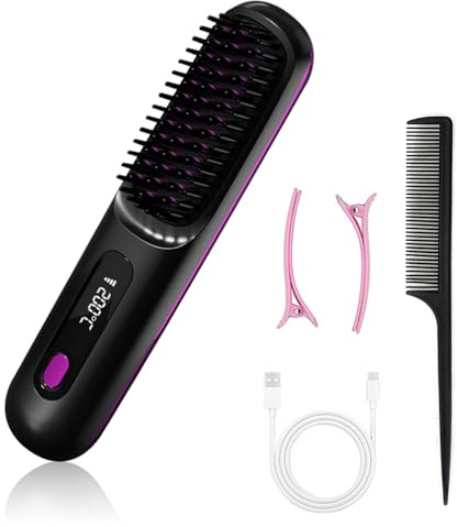 Kabellose Glättbürste, Tragbare Glättungsbürste Ionen Haarglätter, Schnelles Aufheizen Wiederaufladbare Haarglätter 3 Temps Bürste mit Ladestation für Haarstyling (Schwarz)